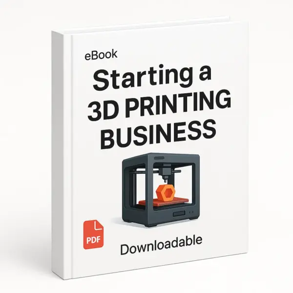 3D eBook cover mockup titled ‘Starting a 3D Printing Business’, displayed at an angle with a white background, eBook label at top, 3D printer illustration in the center, red PDF icon and the word Downloadable at the bottom