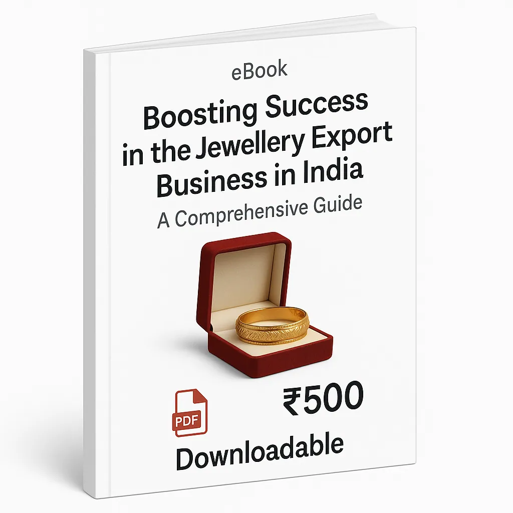 3D eBook cover mockup with a clean white background, featuring the title ‘Boosting Success in the Jewellery Export Business in India’, a realistic gold bangle in an open red jewellery box at the center, a red PDF icon, the printed price ‘₹500’, the word ‘Downloadable’, and a right-side angled view showing the book spine.