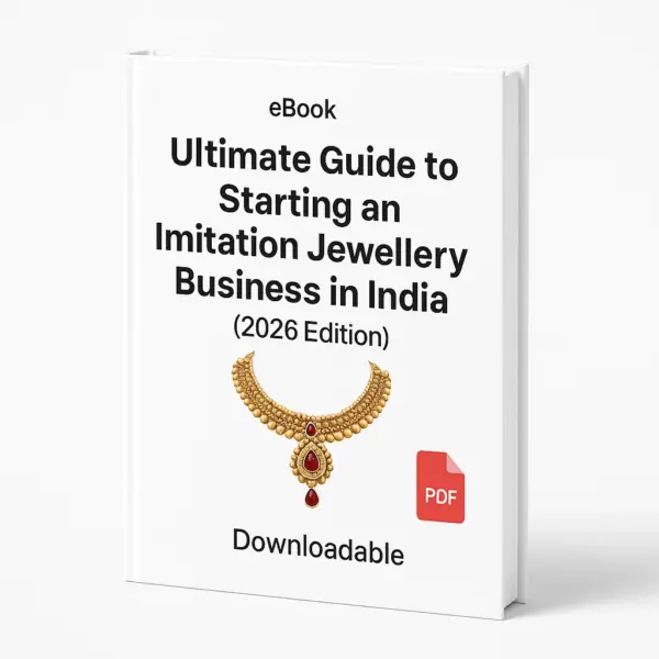 3D eBook cover mockup titled ‘Ultimate Guide to Starting an Imitation Jewellery Business in India (2026 Edition)’ displayed on a clean white background, featuring a gold imitation necklace graphic in the center, small ‘eBook’ text at the top, a light red PDF icon near the bottom, the word ‘Downloadable’ below, and a right-side angled view showing the book spine.