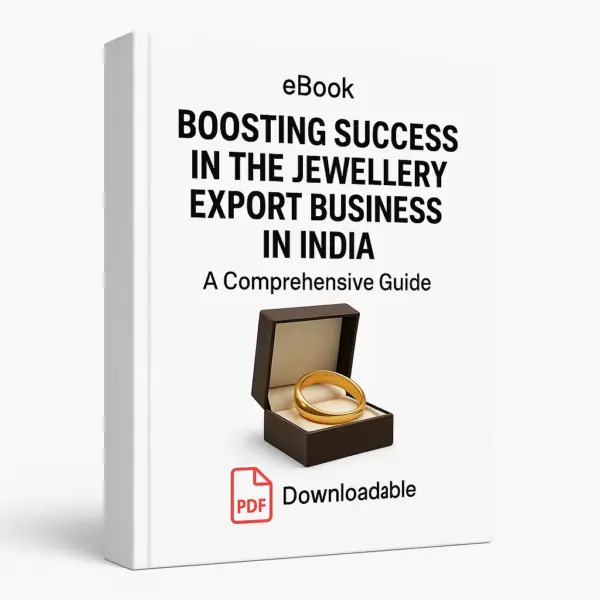 3D eBook cover mockup with a clean white background, bold title ‘Boosting Success in the Jewellery Export Business in India’, a realistic gold bangle in an open jewellery box at the center, a small ‘eBook’ label at the top, a red PDF icon with the word ‘Downloadable’ at the bottom, and a right-side angled view showing the book spine