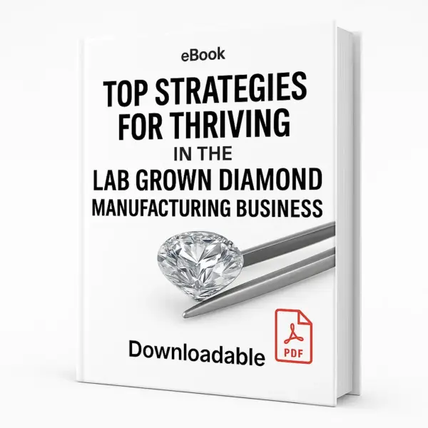 A 3D white eBook standing upright with the title ‘Top Strategies for Thriving in the Lab Grown Diamond Manufacturing Business,’ a diamond held by tweezers in the center, the word eBook at the top, a red PDF icon and the word Downloadable at the bottom, shown in a right-side angled view