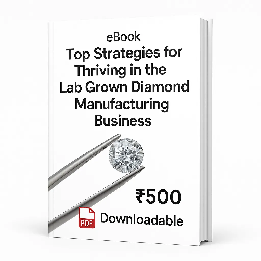 A 3D eBook with a white cover titled ‘Top Strategies for Thriving in the Lab Grown Diamond Manufacturing Business,’ featuring a diamond held by tweezers in the center, the word eBook at the top, a red PDF icon at the bottom, the text ‘Downloadable’ below it, and the price ₹500 displayed prominently, shown in a right-angled view with visible spine.