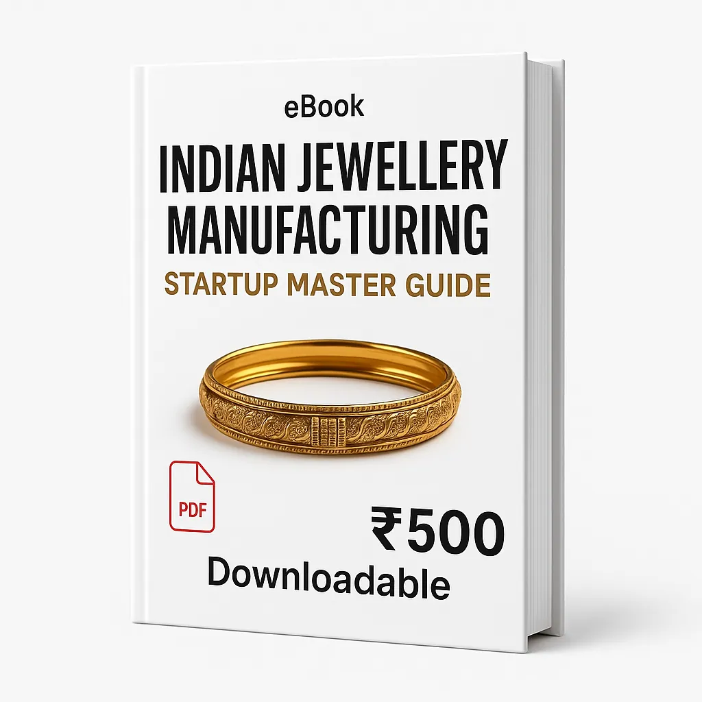 3D eBook cover titled ‘Indian Jewellery Manufacturing Startup Master Guide’ with a clean white background, gold bangle graphic in the center, small PDF icon, the word ‘Downloadable’ at the bottom, and price ₹500 displayed prominently in bold text