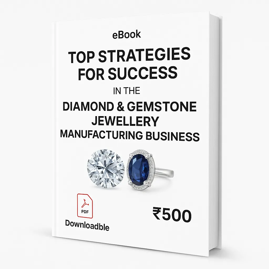 3D eBook cover titled ‘Top Strategies for Success in the Diamond & Gemstone Jewellery Manufacturing Business,’ displayed on a clean white background with bold black title text, a diamond and sapphire ring image at the center, a small ‘eBook’ label at the top, a red PDF icon with the word ‘Downloadable’ at the bottom left, visible right-side spine, realistic lighting, and the printed price ₹500