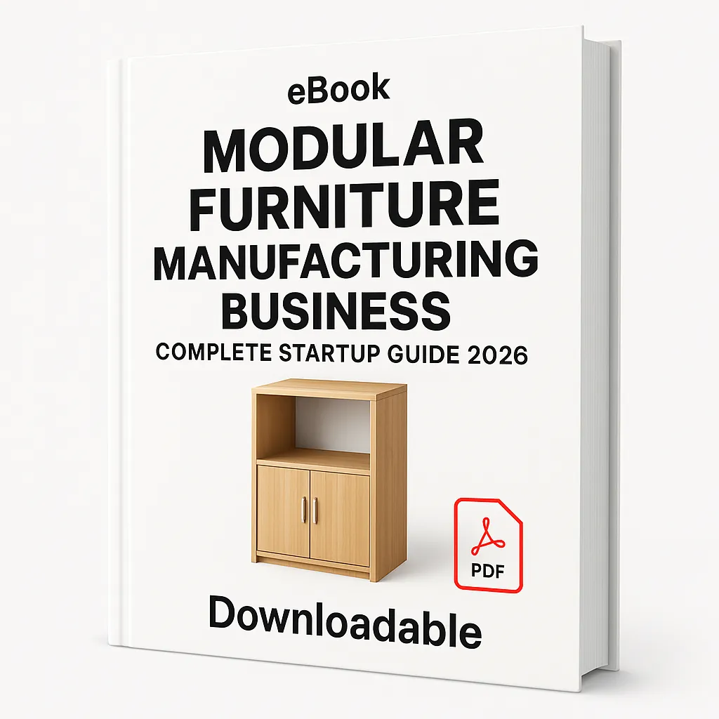 3D eBook cover of ‘Modular Furniture Manufacturing Business – Complete Startup Guide 2026’ displayed on a clean white background, featuring a wooden modular cabinet illustration, bold black title text, a small ‘eBook’ label at the top, a red PDF icon, and the word ‘Downloadable’ at the bottom with a right-side angled spine view