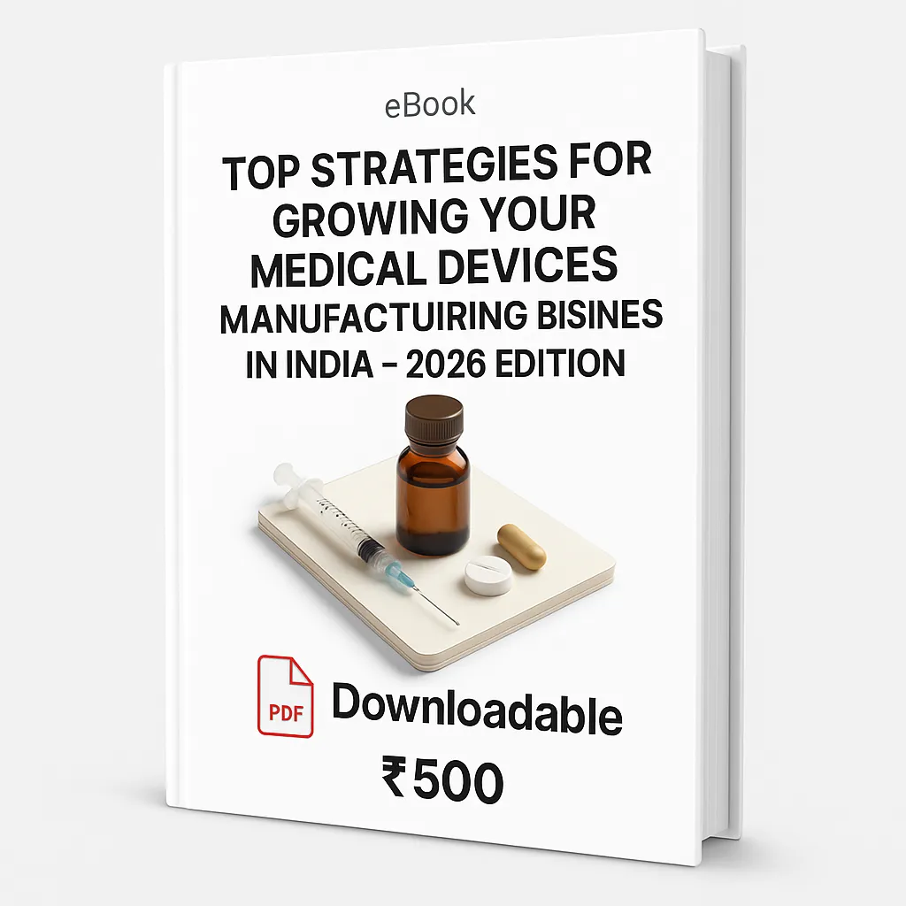 3D eBook cover titled ‘Top Strategies for Growing Your Medical Devices Manufacturing Business in India – 2026 Edition’, featuring medical equipment items on a white surface, with PDF icon, the word Downloadable, and price ₹500, shown in a right-angled premium view.