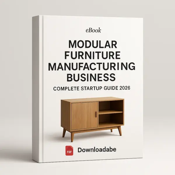Premium 3D eBook cover titled ‘Modular Furniture Manufacturing Business – Complete Startup Guide 2026’, featuring a clean white background, modern bold typography, a realistic wooden modular cabinet illustration, a red PDF icon, and a right-side angled spine view with soft professional lighting.
