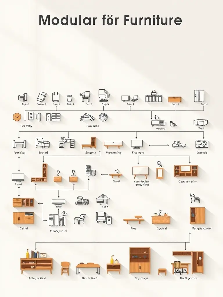 An image depicting a flowchart of the modular furniture manufacturing process, from raw material sourcing to final product assembly and quality control.