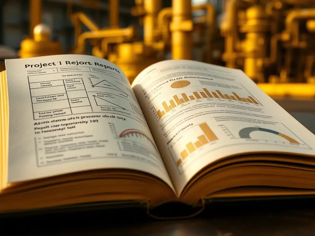 A close-up shot of an open book with golden pages, revealing intricate diagrams and charts related to gold refining processes. The background is a modern gold refinery, subtly blurred to maintain focus on the book.