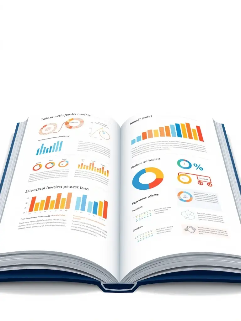 A close-up shot of an open book with diagrams and charts related to the jewellery market, symbolizing in-depth market insights.