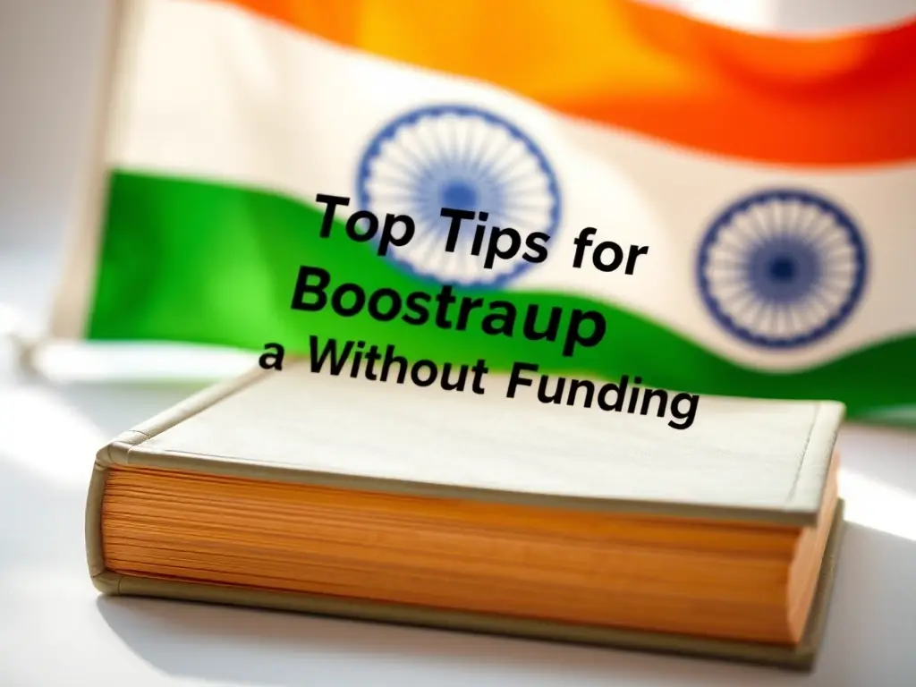 A close-up shot of the eBook cover, showcasing its title 'Top Tips for Bootstrapping a Startup in India Without Any Funding' with a background featuring the Indian flag subtly incorporated.
