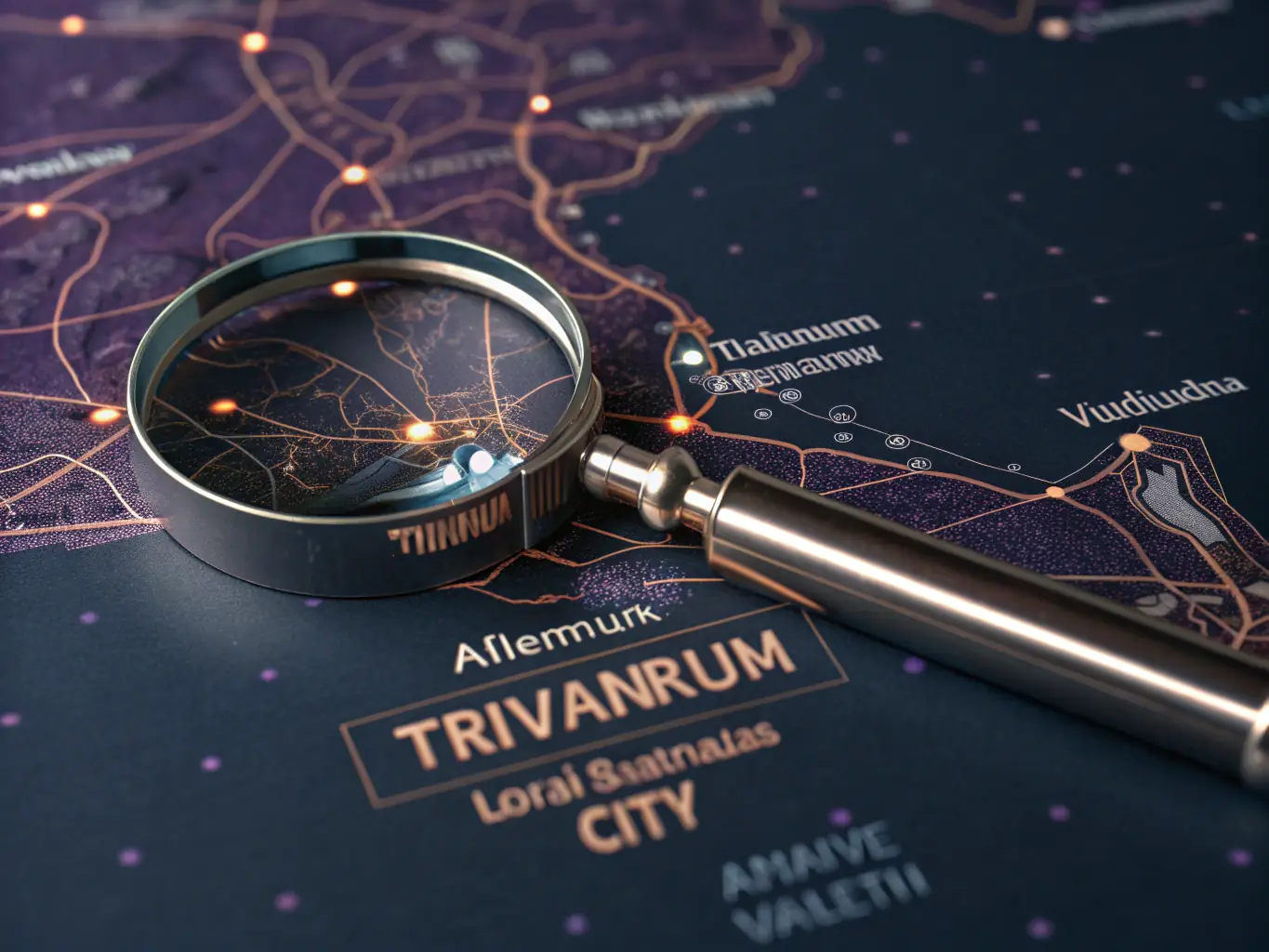 A digital illustration of a magnifying glass hovering over a map of India, highlighting key gold refining hubs and potential investment zones. The color scheme is predominantly gold and blue.