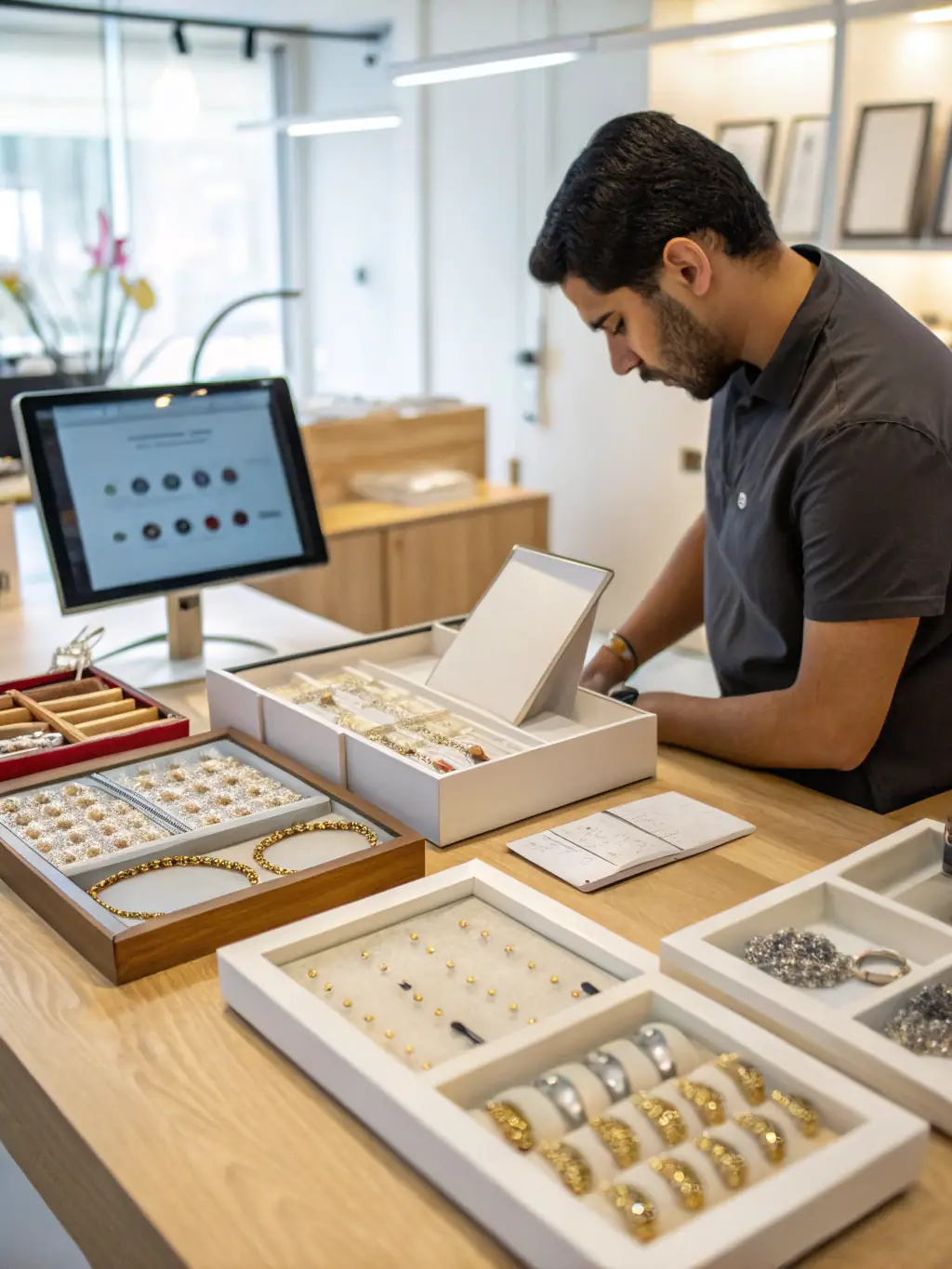 A person successfully setting up a jewellery display, showcasing the step-by-step guidance provided in the eBook.