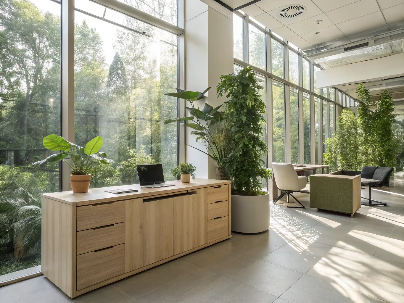 A serene image depicting a modern office space infused with natural elements like plants and sunlight, symbolizing the integration of Ayurvedic principles into a contemporary business setting.
