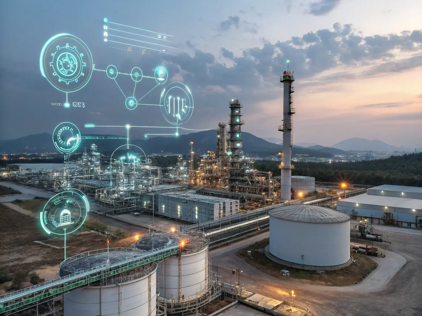 A high-tech biofuel production facility, showcasing the advanced machinery and processes discussed in the Green Tech Guide, with a focus on sustainable energy production and waste reduction.