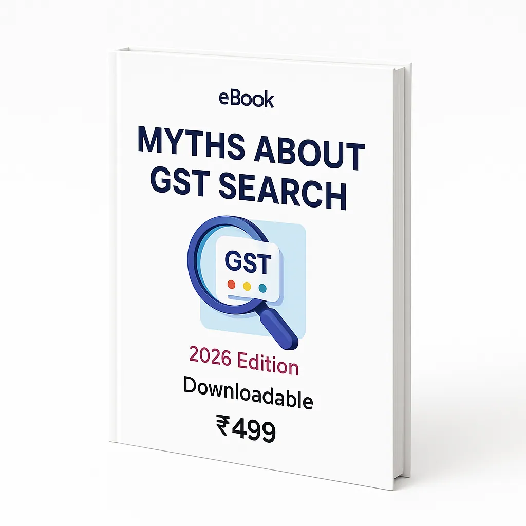 3D eBook cover mockup titled “Myths About GST Search – 2026 Edition” showing a magnifying glass over a GST document, PDF format icon, downloadable label, and price ₹499 on a clean white background.