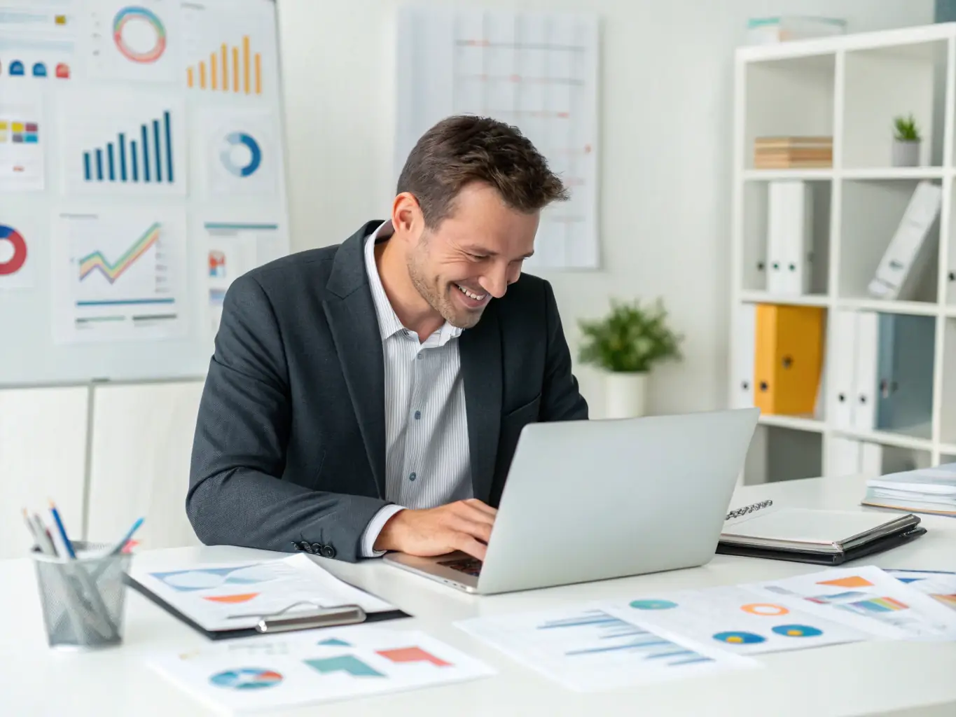 A confident business owner reviewing documents with a smile, representing the clarity and control gained from understanding GST search procedures. The image should convey a sense of empowerment and knowledge.