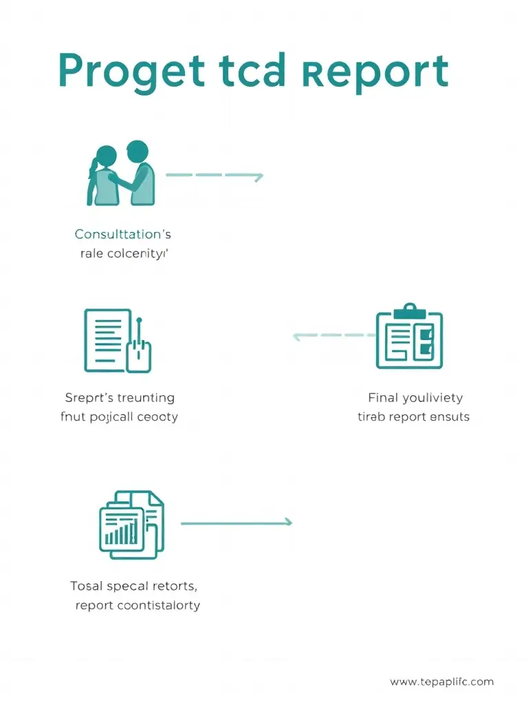 A graphic illustrating the step-by-step process of project report creation, from initial consultation to final delivery, emphasizing the simplicity and transparency of Project Report Bank's service.