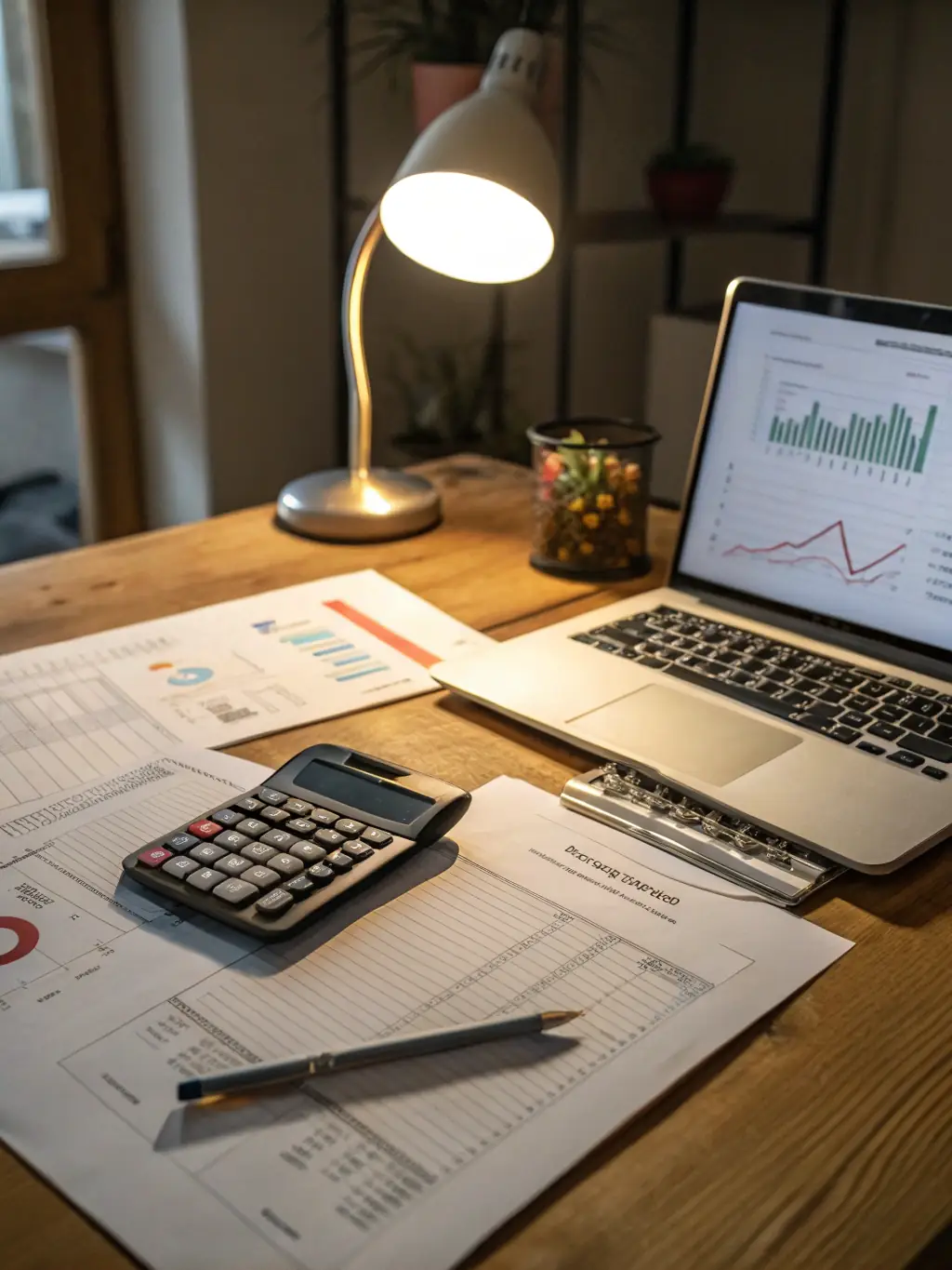 An image representing assistance with bank loan applications, featuring documents, a calculator, and a bank building in the background.
