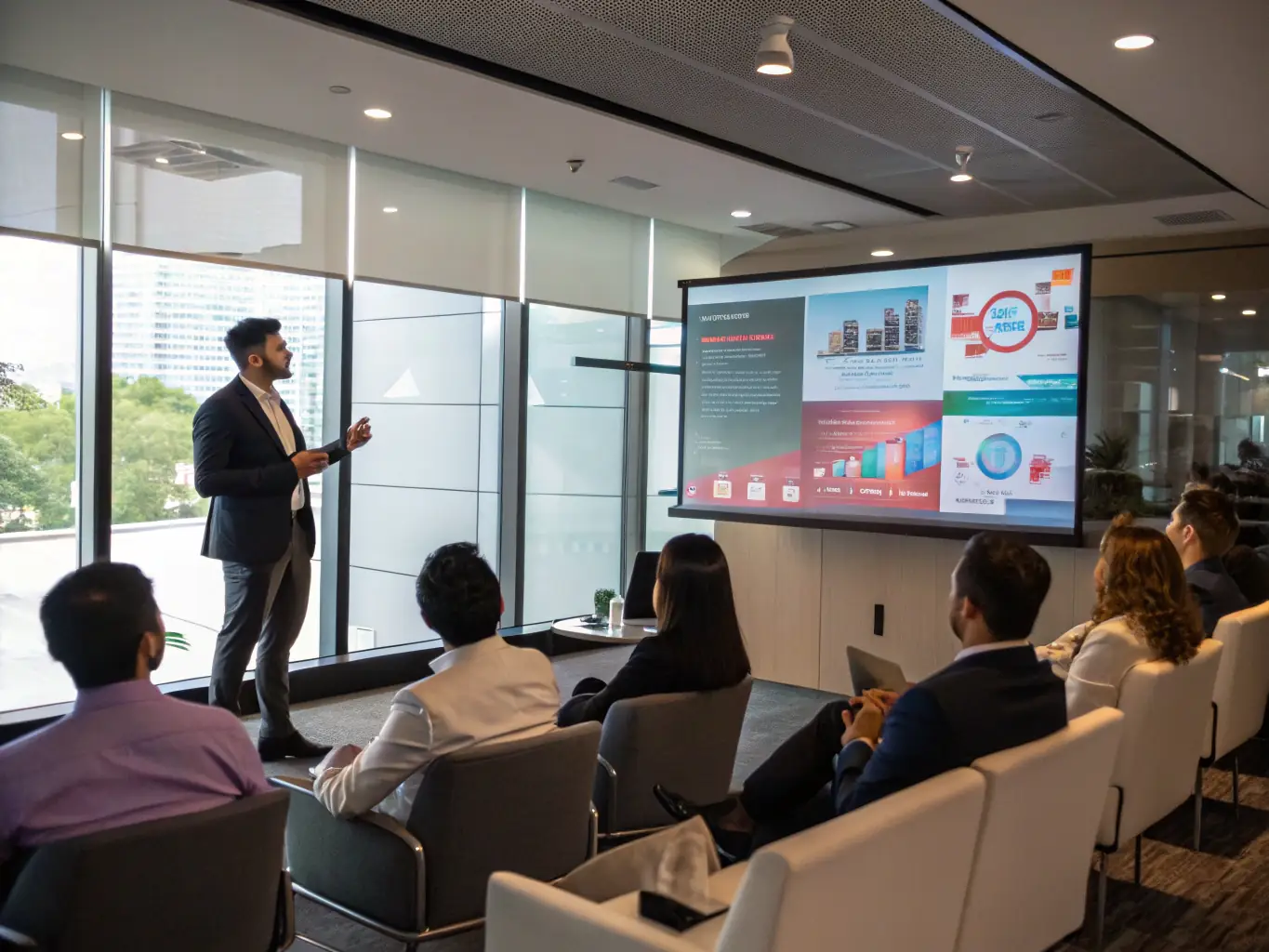 A dynamic presentation scene with a presenter delivering a pitch deck to potential investors in a modern conference room, showcasing the power of a well-crafted business presentation.