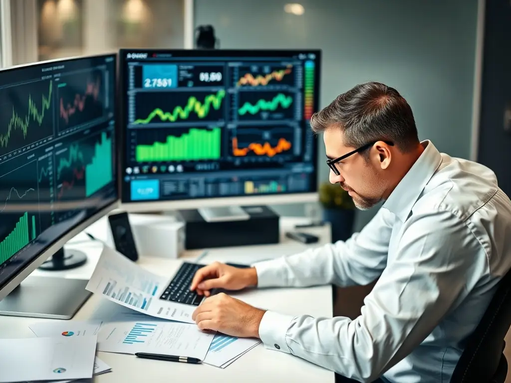 A professional workspace featuring a detailed bank loan project report being reviewed by a financial analyst, highlighting the precision and expertise involved in preparing such documents for Andhra Pradesh businesses.