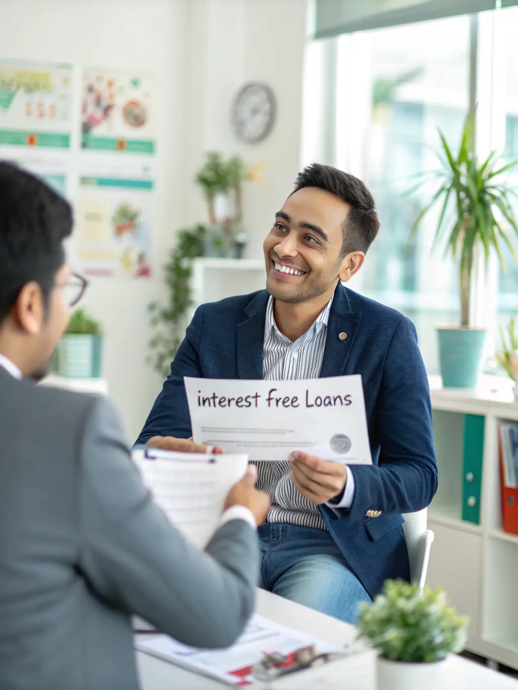 A professional image showcasing a successful Mudra loan applicant receiving approval documents from a bank representative, symbolizing empowerment and financial support for small businesses.