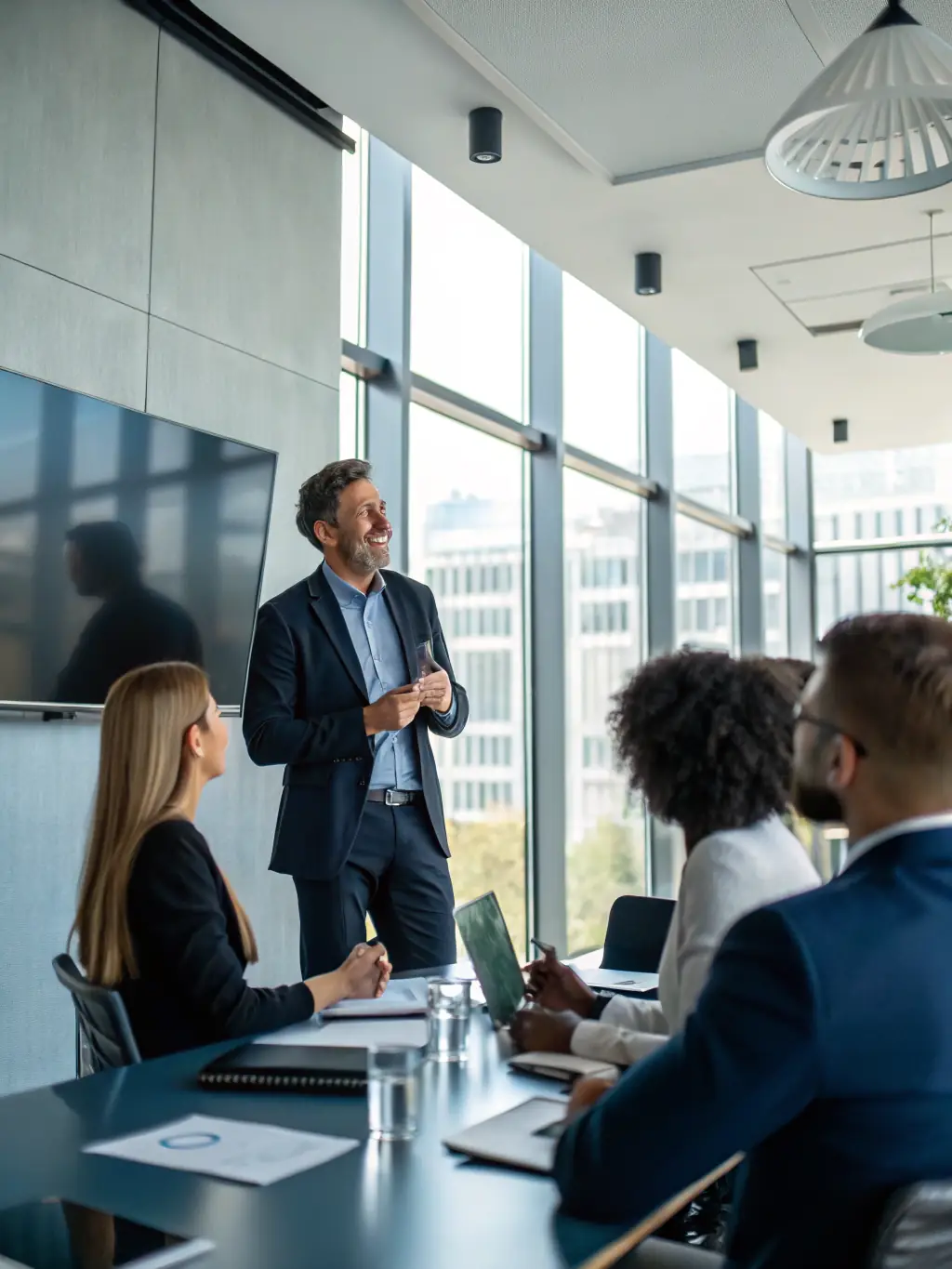 An image of a consultant presenting a project report to a client, with a positive and confident expression, symbolizing the successful project outcome.