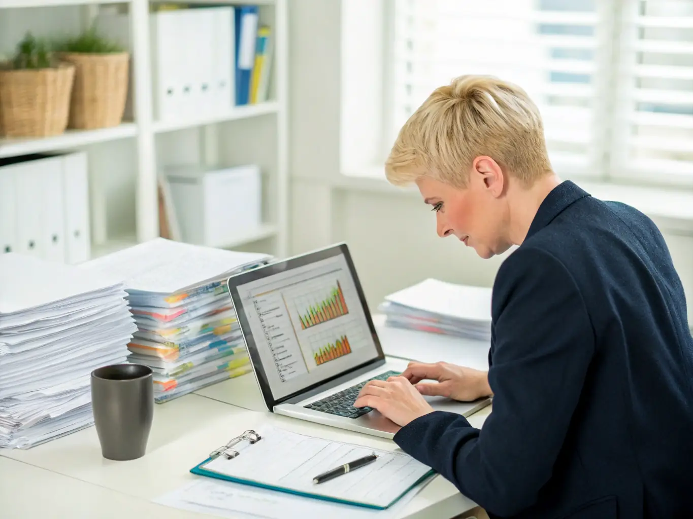 A focused accountant working on CMA data analysis on a computer screen in a well-lit office, highlighting the precision and expertise involved in financial data preparation.