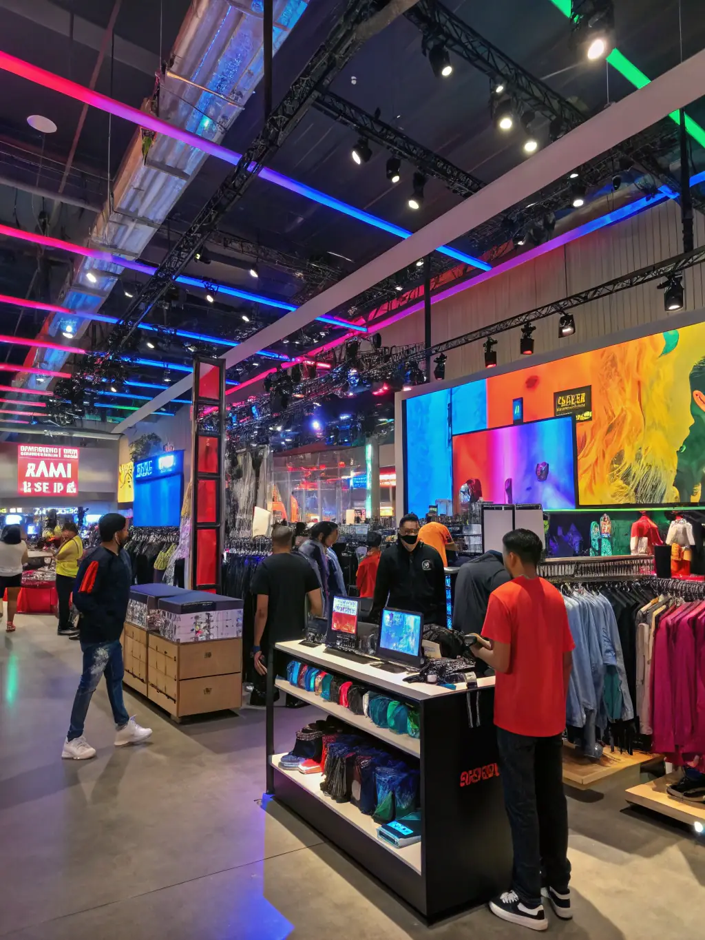 A bustling retail shop interior with customers and employees, showcasing the retail industry and the need for financial planning and project reports.