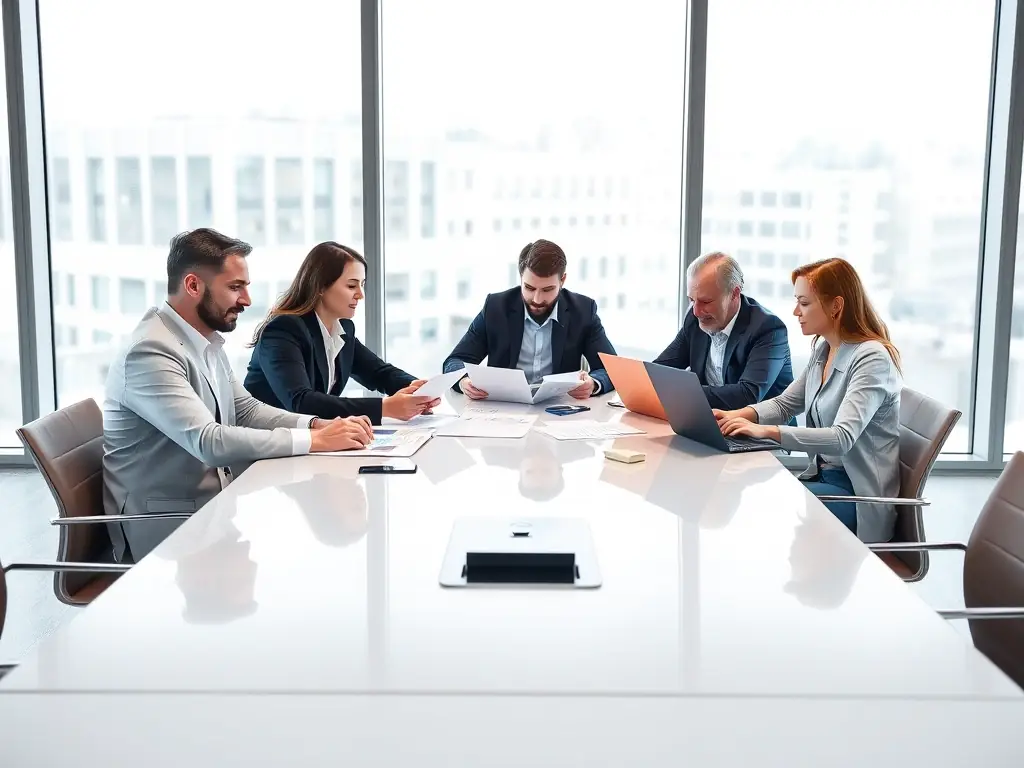 A team of financial analysts collaborating on a project report, using advanced software and tools to ensure accuracy and compliance.