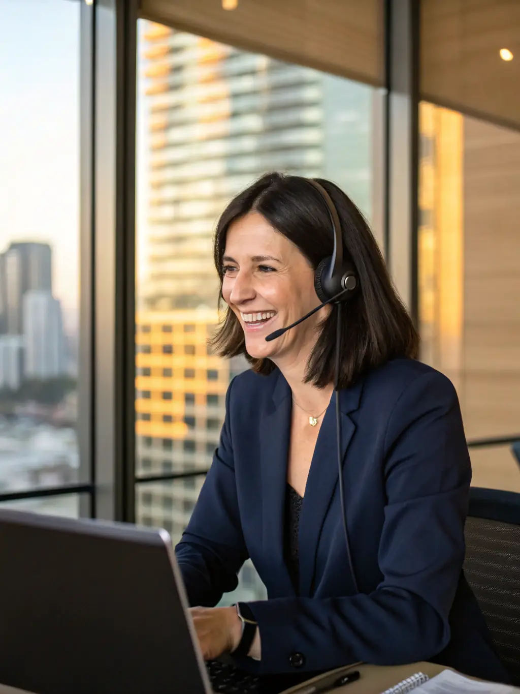A customer support representative wearing a headset, assisting a client via video call, with a friendly and helpful demeanor.