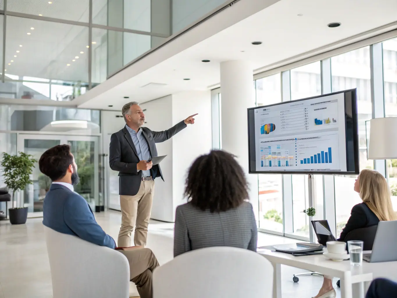 A professional giving a presentation to a group of investors, using charts and graphs to explain the project's financial projections and potential returns.