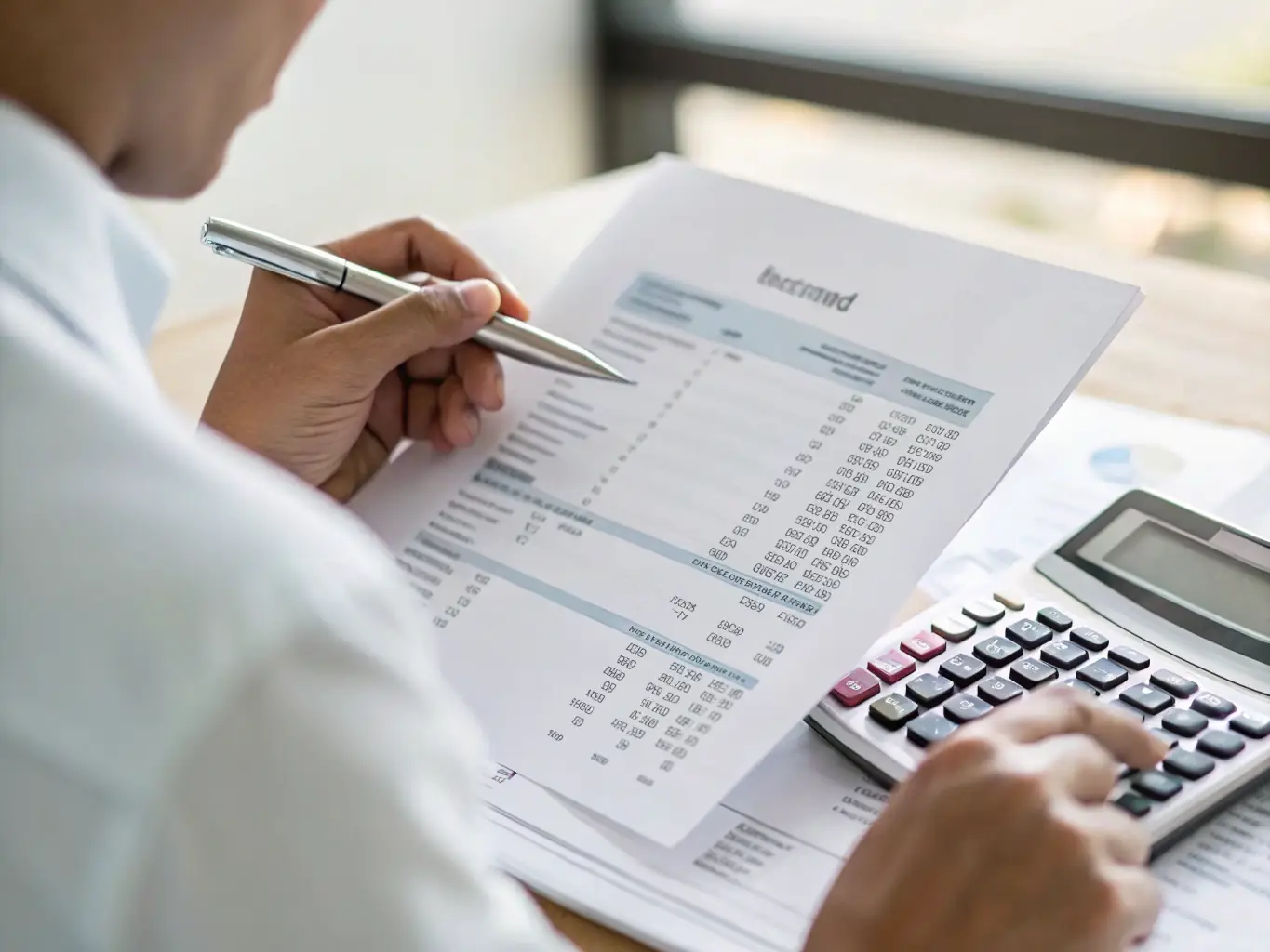 A close-up shot of a hand writing on a financial document, with graphs and charts visible in the background, symbolizing the detailed work involved in creating a project report.