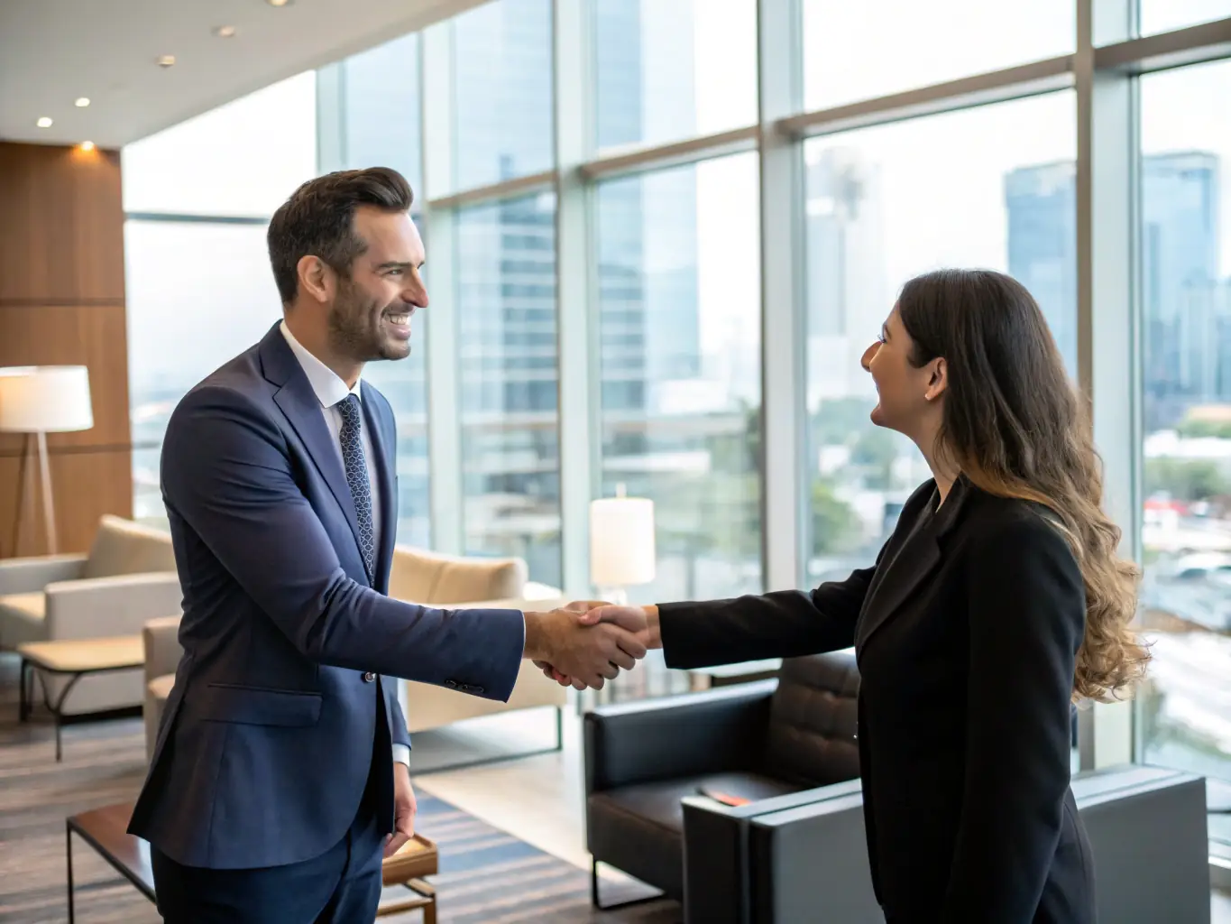 A professional businessman in a suit shaking hands with a banker inside a modern bank branch, symbolizing successful loan approval after presenting a well-prepared project report.