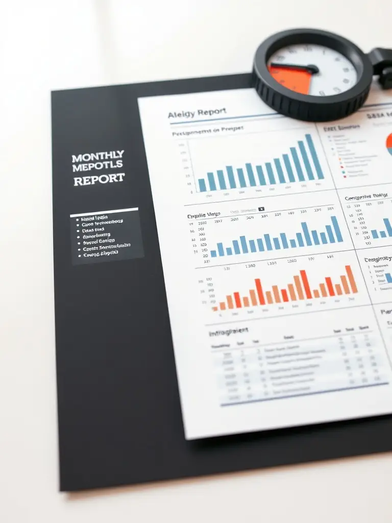 A close-up shot of a well-organized project report document with financial charts and graphs visible, symbolizing thoroughness and attention to detail.