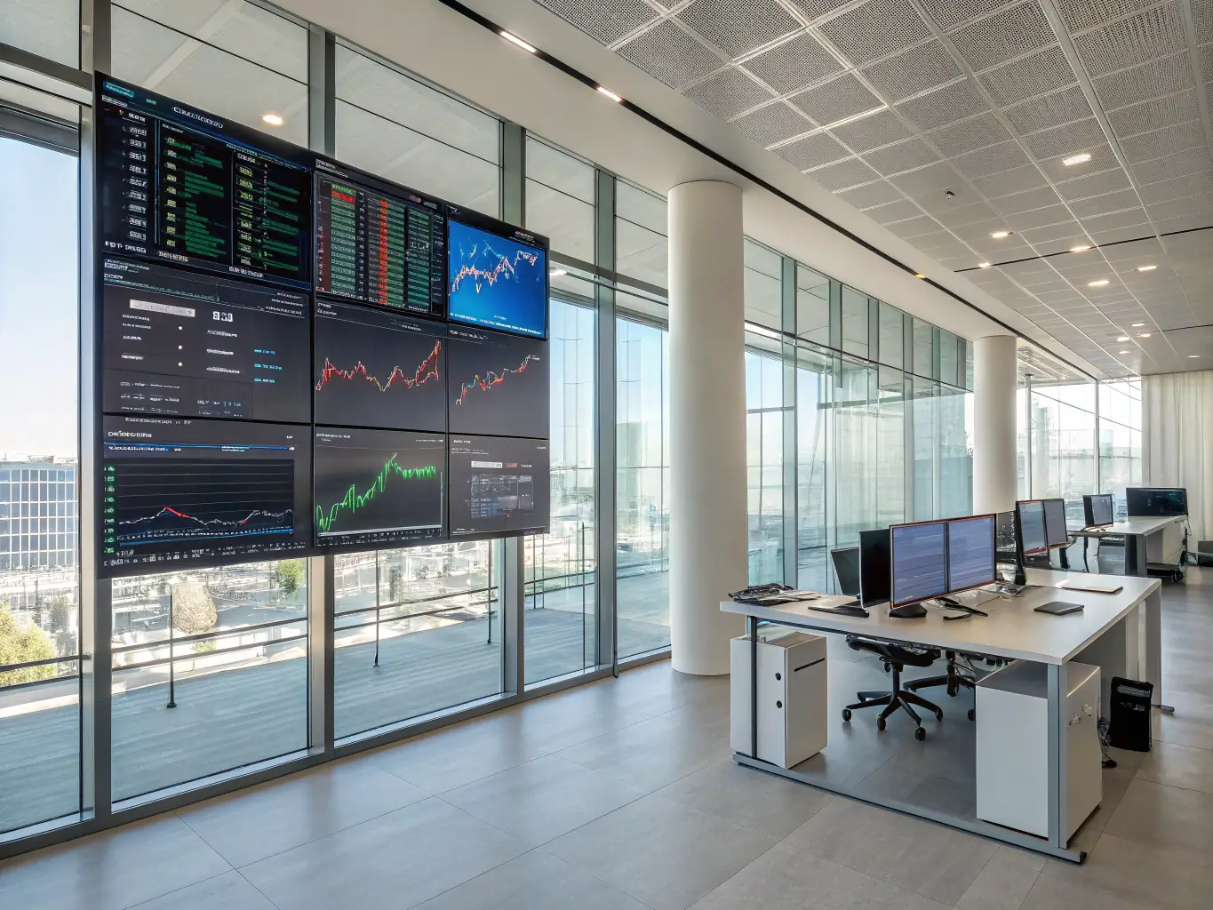 An image of a modern office setting with financial charts and graphs displayed on a screen, representing the data-driven approach of Project Report Bank.