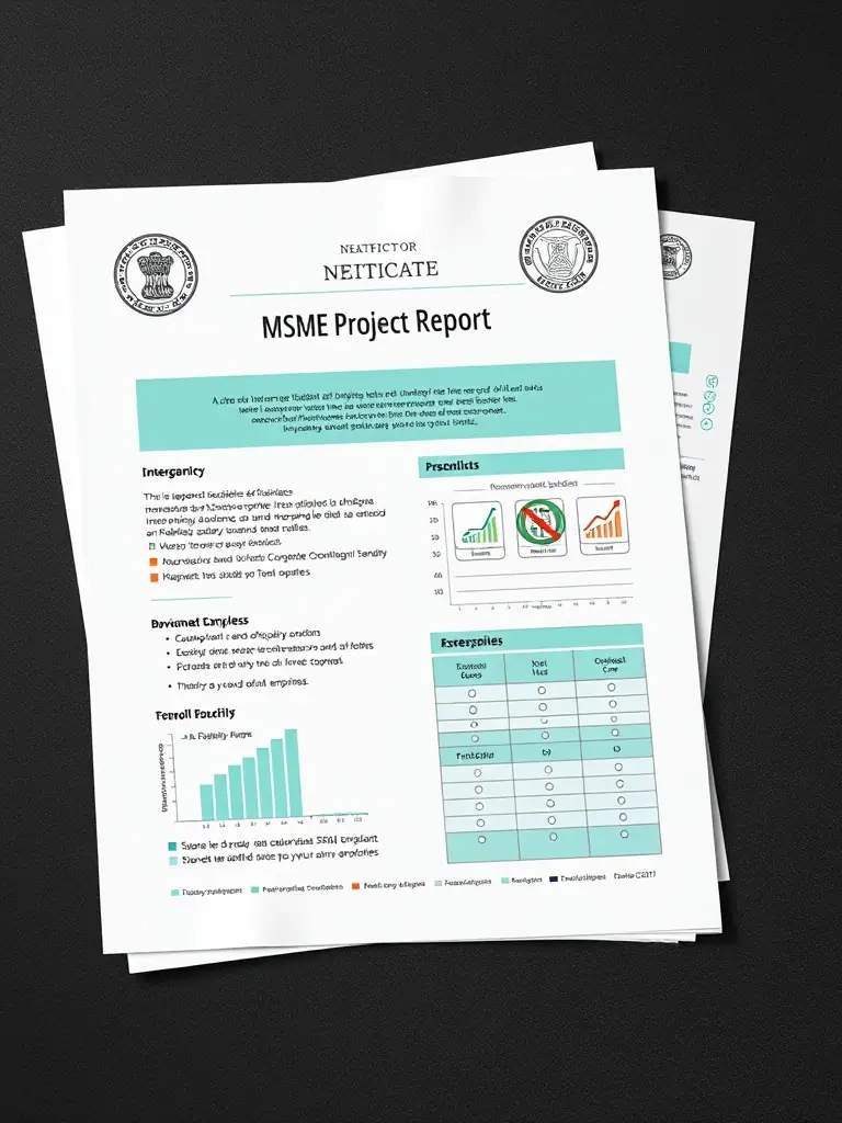 An image illustrating an MSME Project Report, emphasizing its role in facilitating MSME registration and accessing government subsidies in Gujarat.