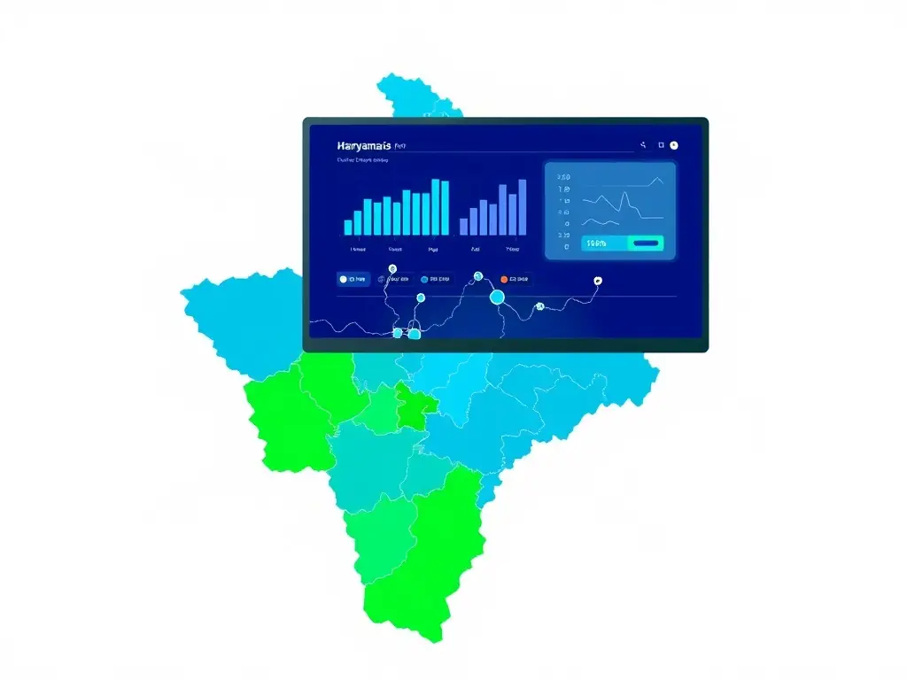 A digital illustration depicting a map of Haryana with various districts highlighted, connected by lines to a central computer screen, symbolizing online service availability.