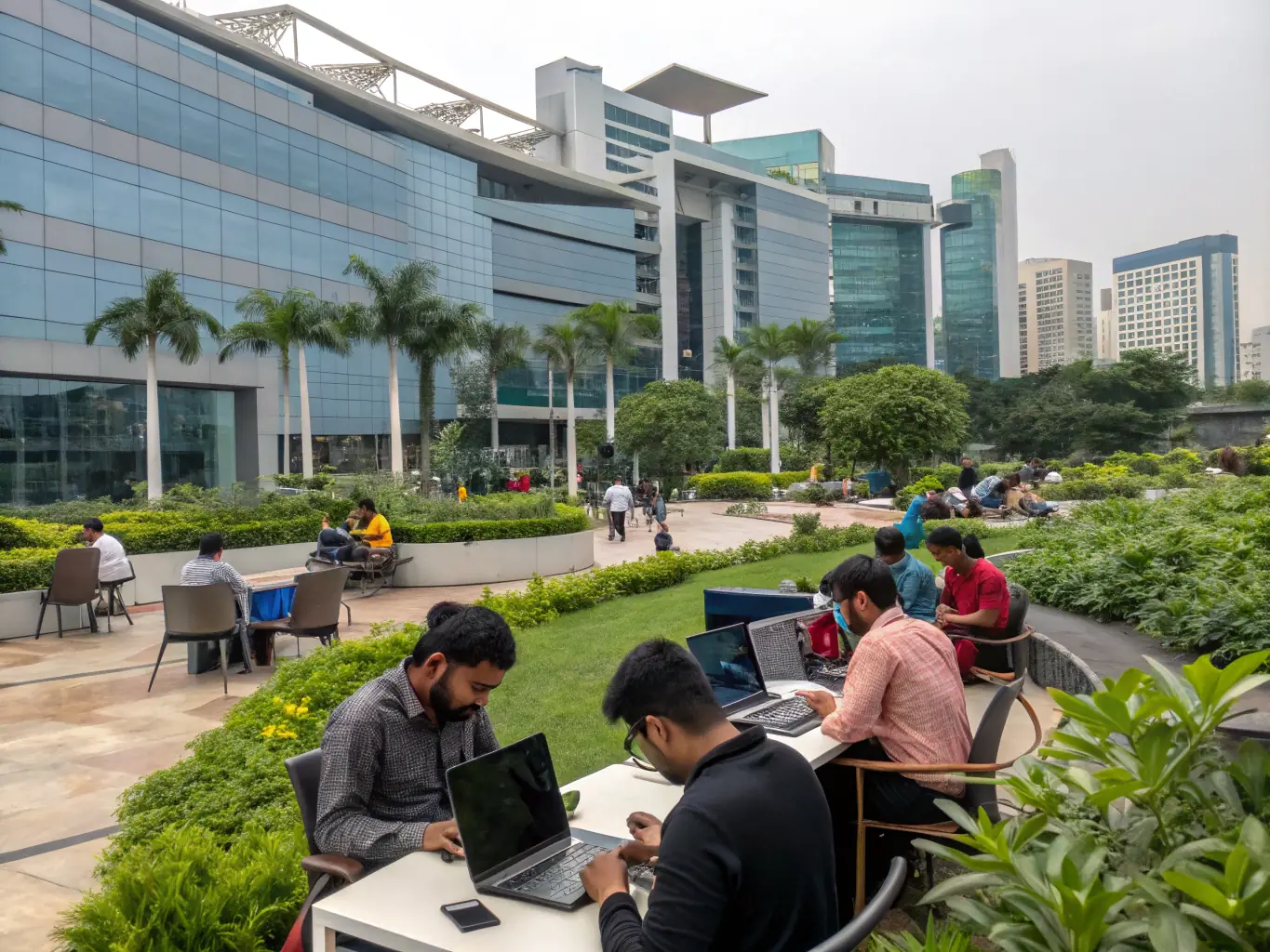 An image depicting a bustling IT park or co-working space in Bangalore, representing the services sector in Karnataka.