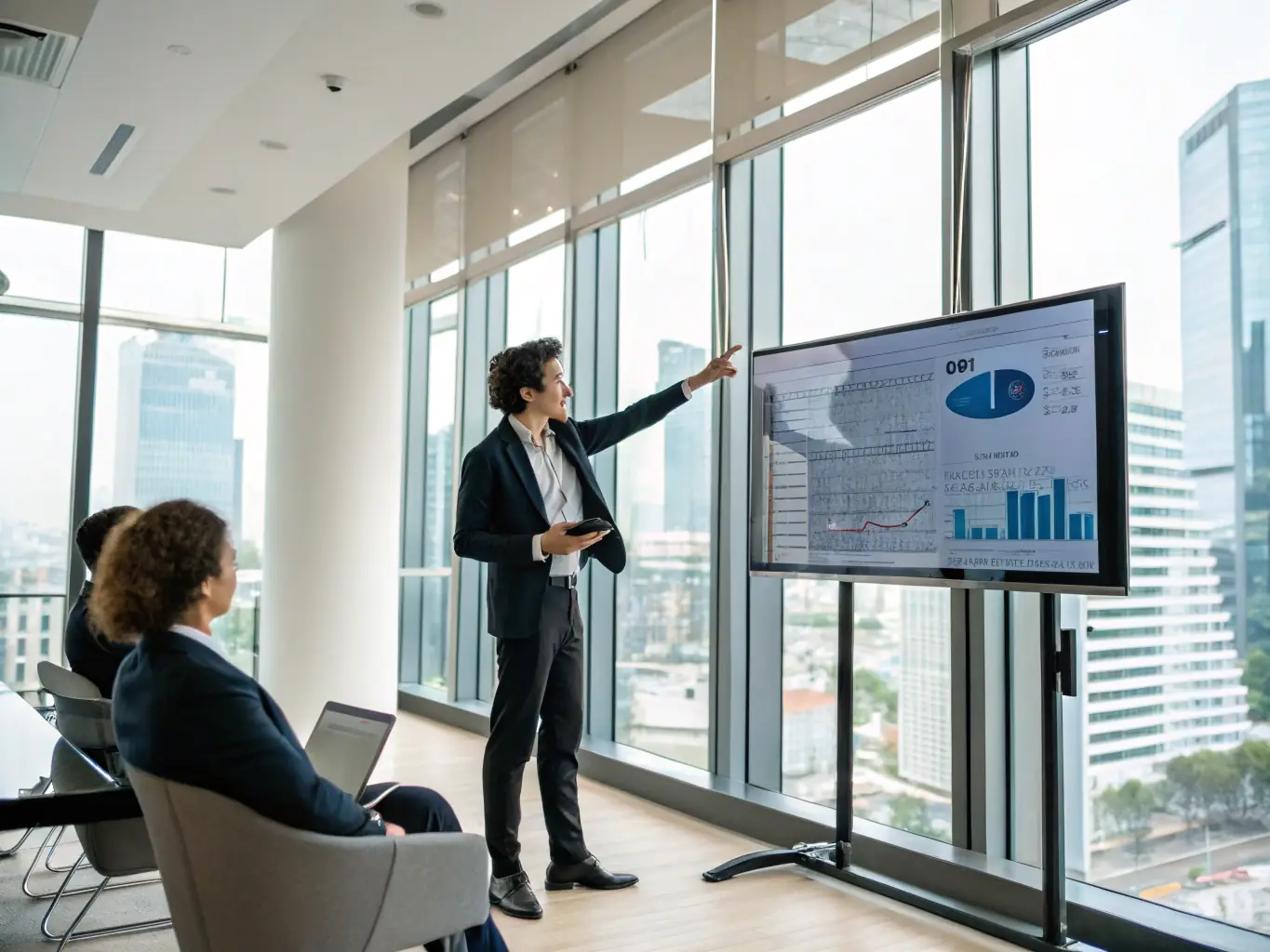 A professional presenting a well-structured project report to a bank loan officer, emphasizing the clarity and precision of the document.
