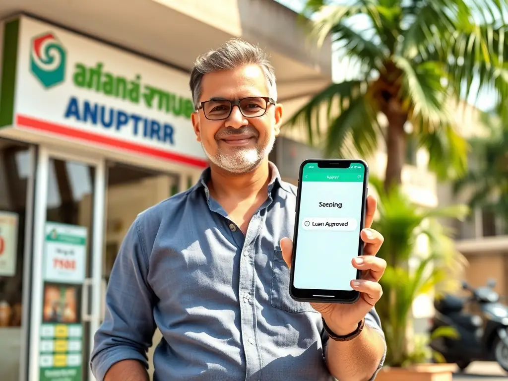 An inspiring image of a successful Goan entrepreneur receiving a Mudra loan approval letter, symbolizing the achievement of business goals with financial support.