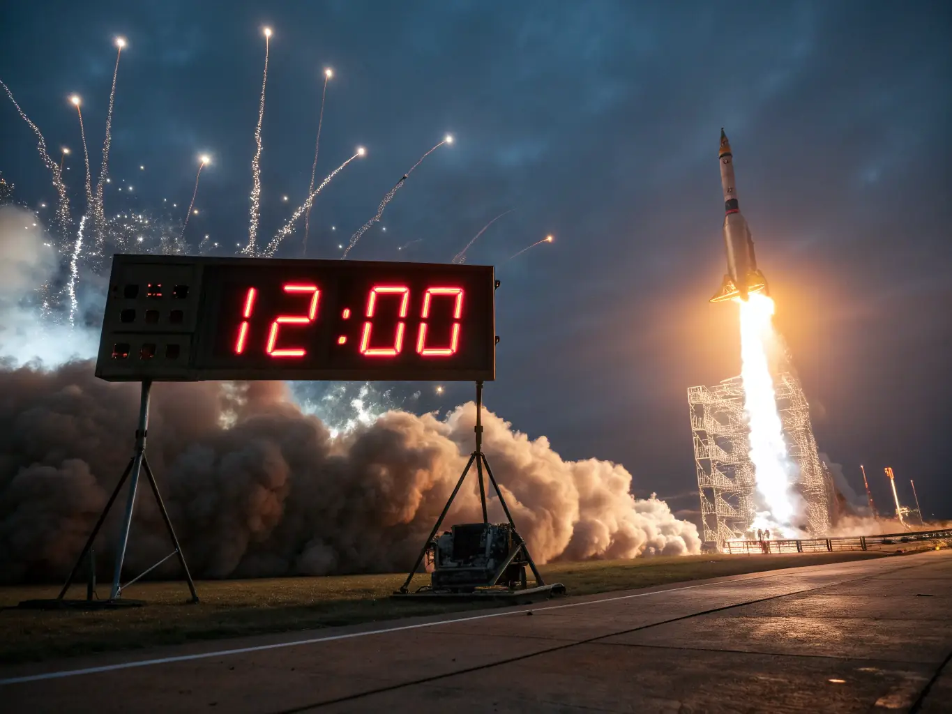 A digital clock with a rocket taking off in the background, symbolizing fast delivery of project reports.