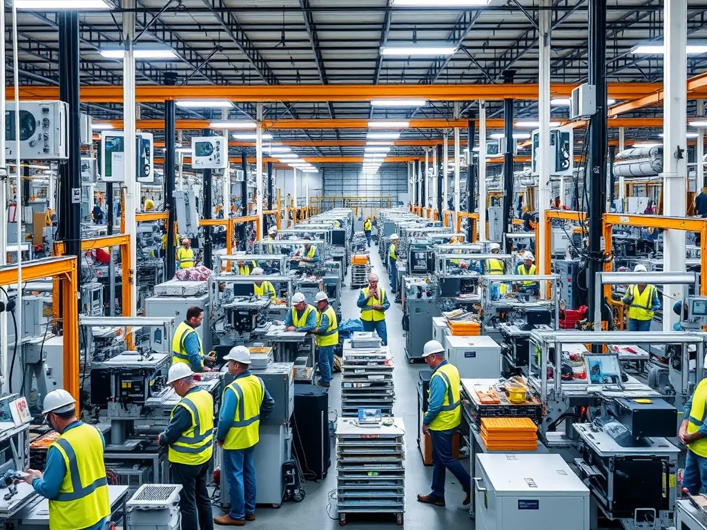 A professional photograph of a modern manufacturing plant in Karnataka, showcasing advanced machinery and skilled workers, symbolizing the manufacturing industry.