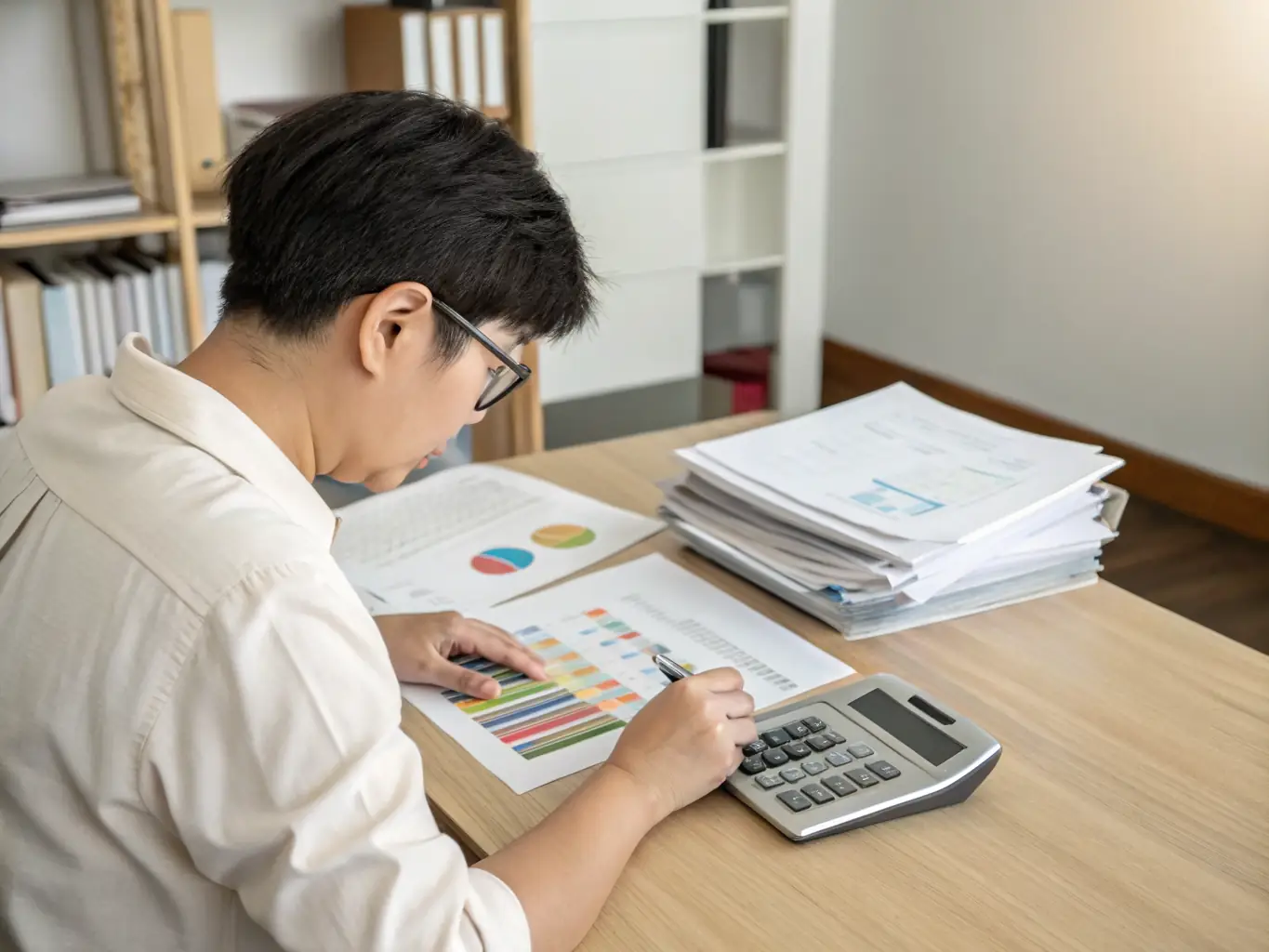 A close-up shot of CA Manish Gugliya reviewing a detailed project report, with a bank building visible in the blurred background, symbolizing his expertise in preparing bank-ready documents.