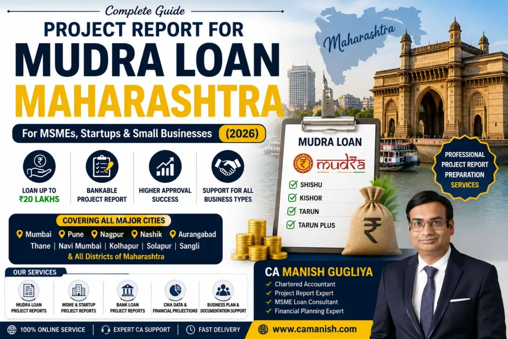 Project Report for Mudra Loan Maharashtra 2026 – bankable project report, MSME funding, startup loan guidance by CA Manish Gugliya.