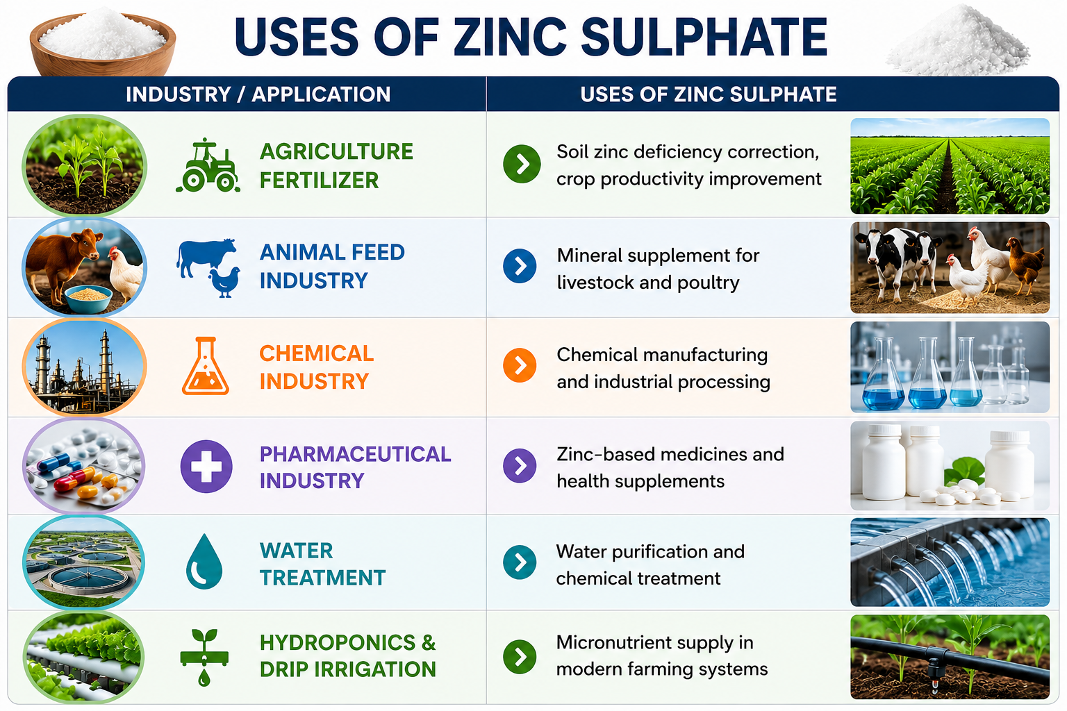 Professional infographic showing the major uses of Zinc Sulphate in different industries including agriculture fertilizer, animal feed industry, chemical industry, pharmaceutical industry, water treatment, and hydroponics & drip irrigation systems.