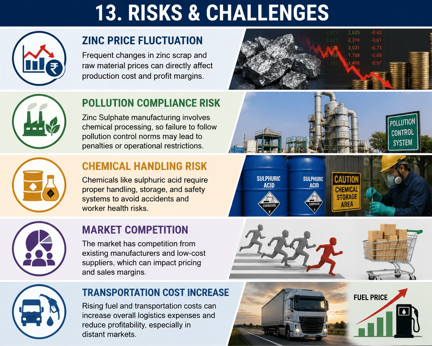 Infographic showing major risks and challenges in the Zinc Sulphate manufacturing business, including zinc price fluctuation, pollution compliance risk, chemical handling risk, market competition, and transportation cost increase