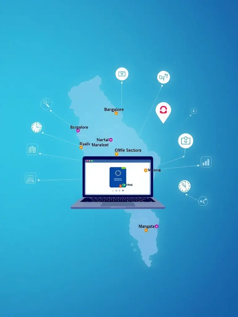 A digital map of Karnataka with highlighted major cities and a laptop displaying an online consultation, representing seamless online service coverage across the state.