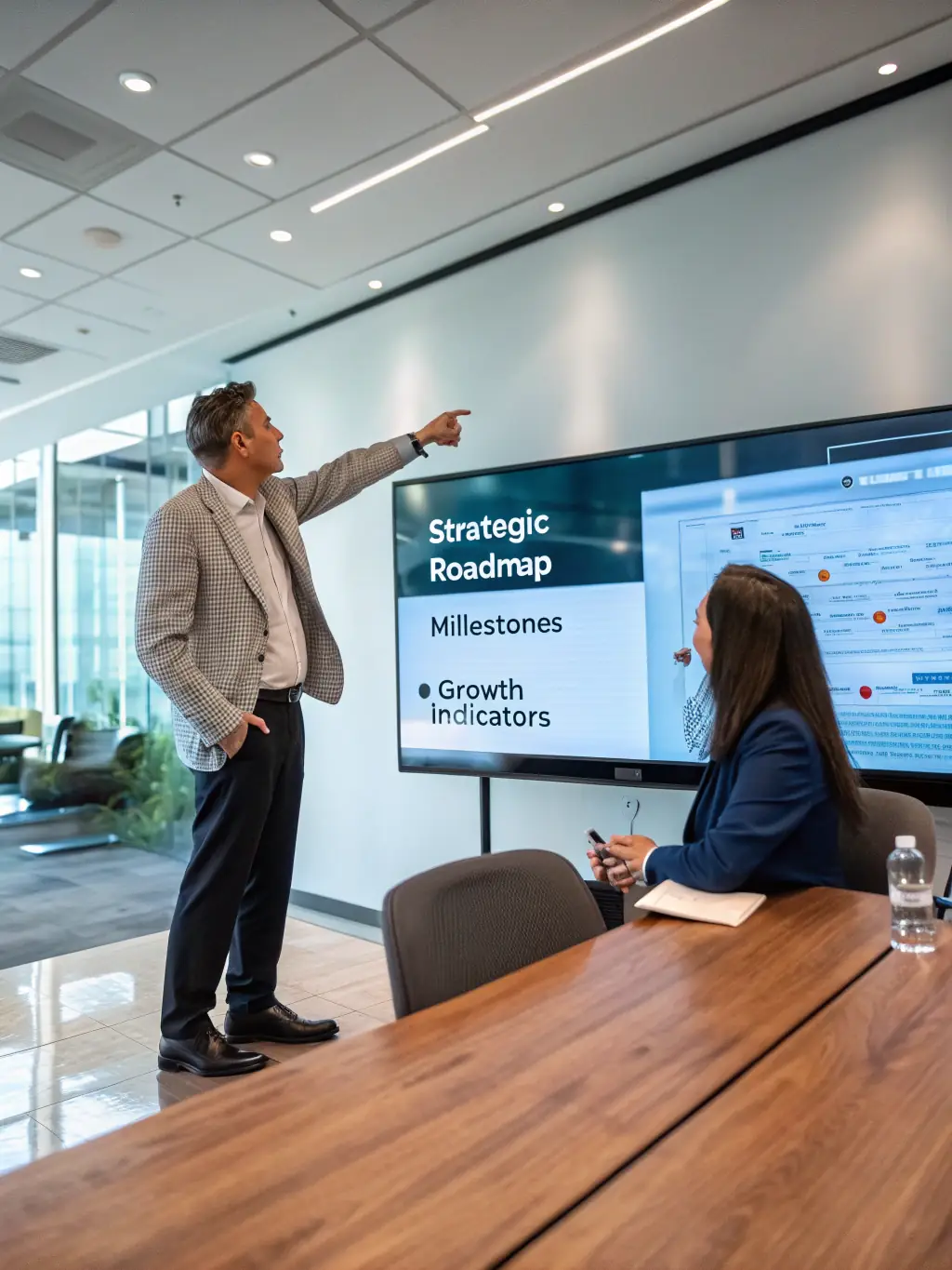 A consultant presenting a financial projection chart to a small business owner, with upward-trending graphs and business plans on the table, highlighting future growth planning.