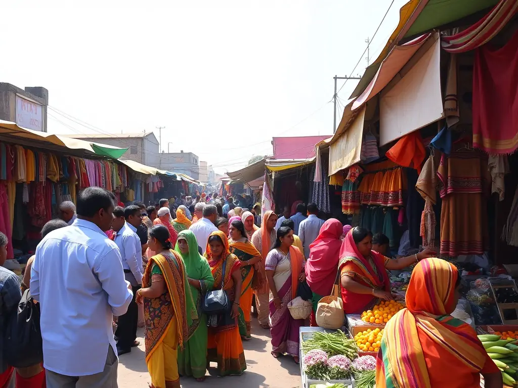 A bustling wholesale market in Gujarat with traders negotiating and exchanging goods, vibrant stalls, and busy activity, illustrating the trading sector’s dynamic environment for the website.